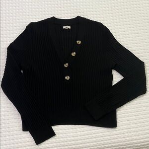 Women's Black Ribbed V-Neck Sweater with Accent Buttons